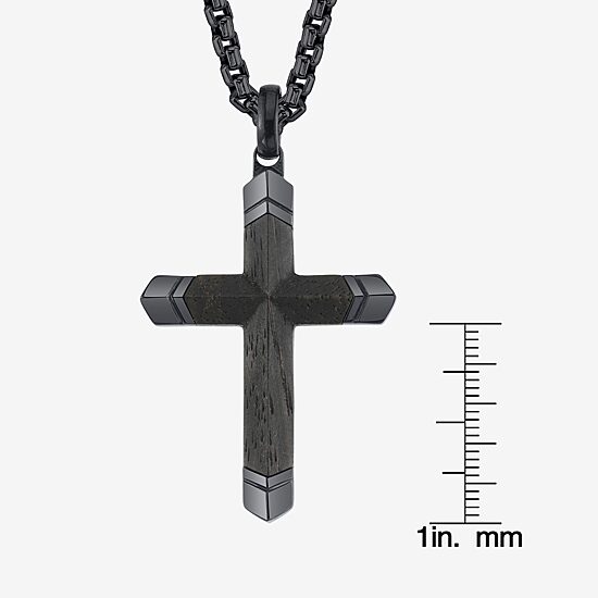Wooden Inlay Mens Stainless Steel Cross 24 Inch Pendant Necklace