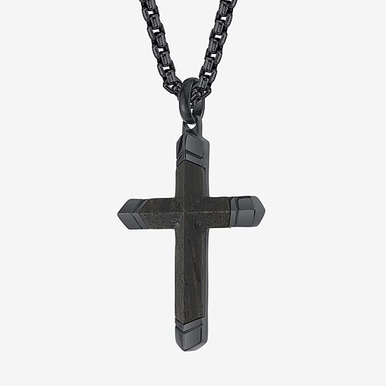 Wooden Inlay Mens Stainless Steel Cross 24 Inch Pendant Necklace