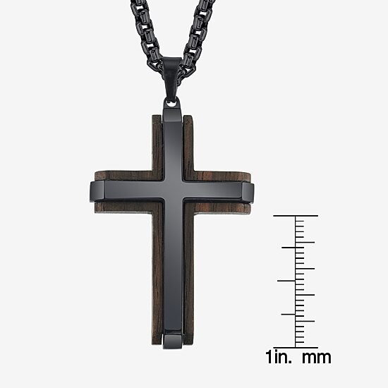 Wooden Mens Stainless Steel Cross 24 Inch Pendant Necklace