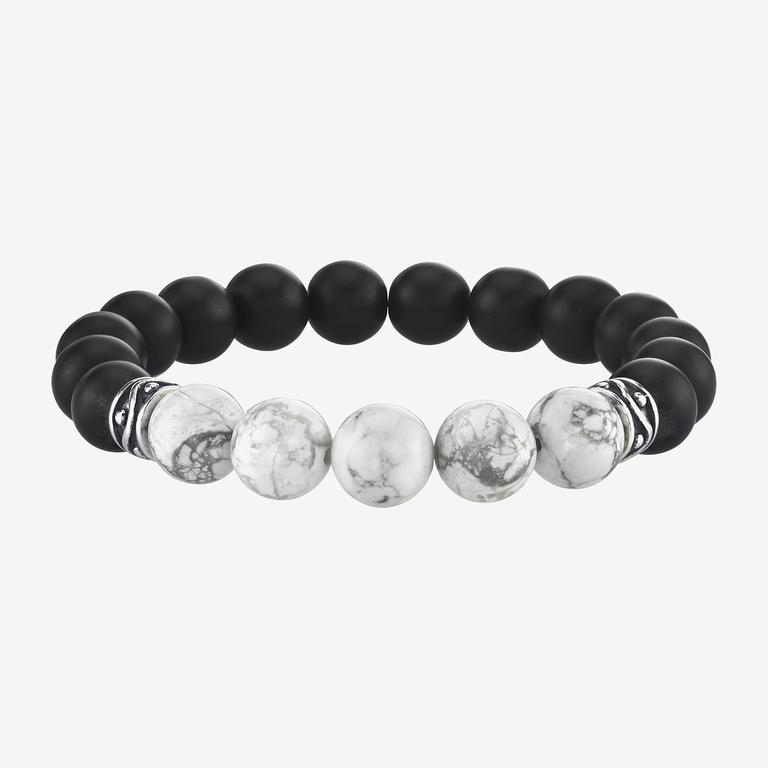 Mens Black Agate Sterling Silver Beaded Bracelet