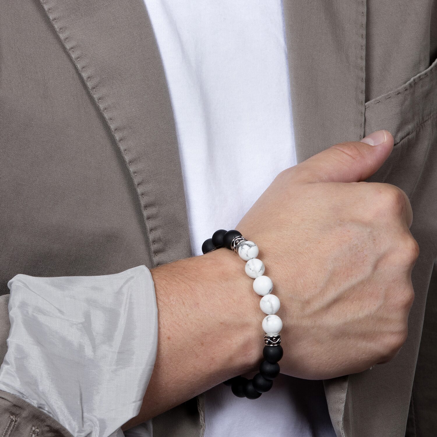 Mens Black Agate Sterling Silver Beaded Bracelet