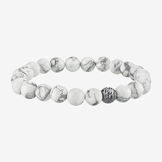 Mens White Howlite Sterling Silver Beaded Bracelet