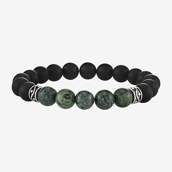 Mens Black Agate Sterling Silver Beaded Bracelet