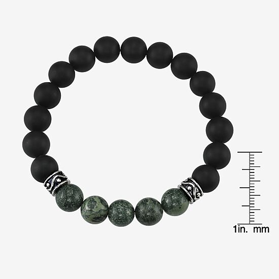 Mens Black Agate Sterling Silver Beaded Bracelet