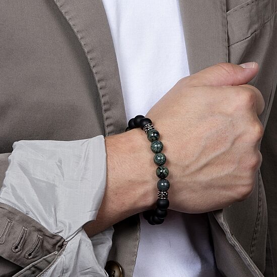 Mens Black Agate Sterling Silver Beaded Bracelet