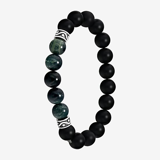 Mens Black Agate Sterling Silver Beaded Bracelet
