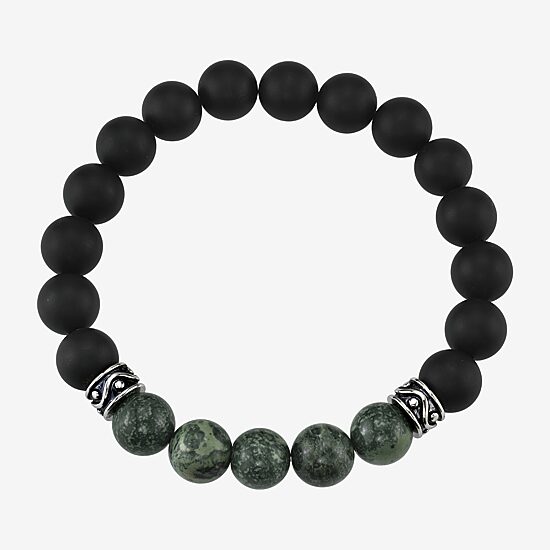 Mens Black Agate Sterling Silver Beaded Bracelet
