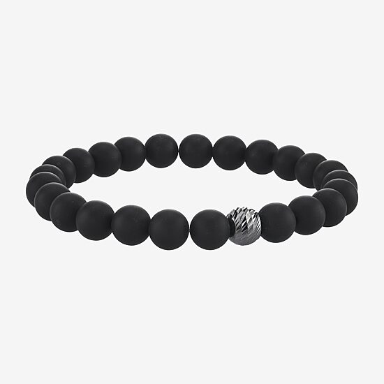Mens Black Agate Sterling Silver Beaded Bracelet