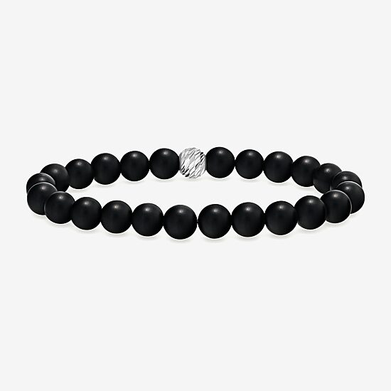 Mens Black Agate Sterling Silver Beaded Bracelet