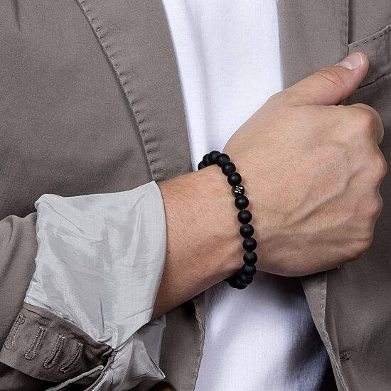 Mens Black Agate Sterling Silver Beaded Bracelet