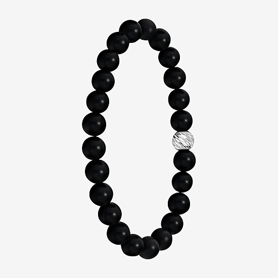 Mens Black Agate Sterling Silver Beaded Bracelet