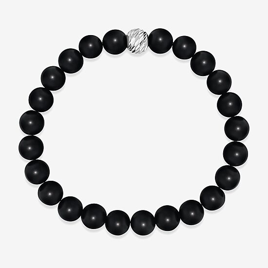 Mens Black Agate Sterling Silver Beaded Bracelet