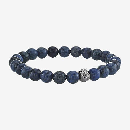 Mens Blue Agate Sterling Silver Beaded Bracelet