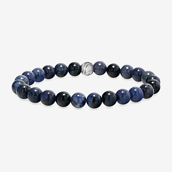 Mens Blue Agate Sterling Silver Beaded Bracelet