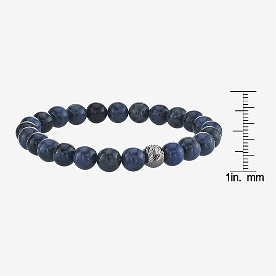 Mens Blue Agate Sterling Silver Beaded Bracelet