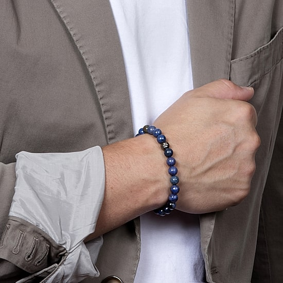 Mens Blue Agate Sterling Silver Beaded Bracelet