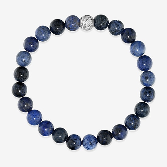 Mens Blue Agate Sterling Silver Beaded Bracelet