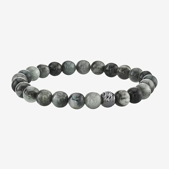 Mens Gray Agate Sterling Silver Beaded Bracelet