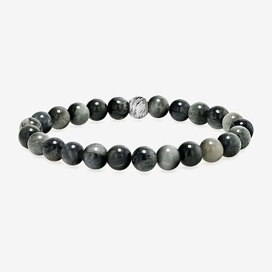 Mens Gray Agate Sterling Silver Beaded Bracelet