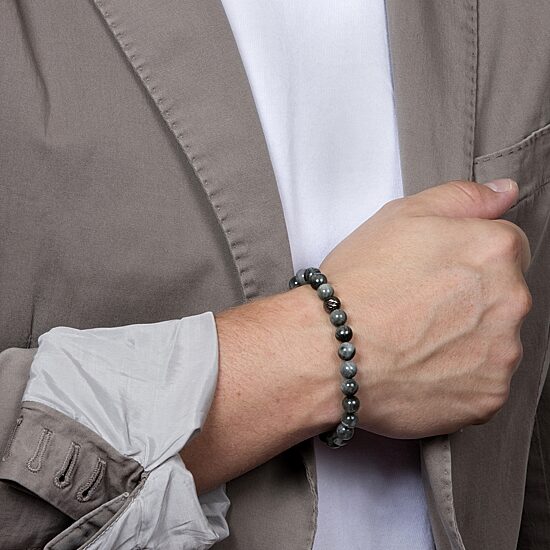 Mens Gray Agate Sterling Silver Beaded Bracelet