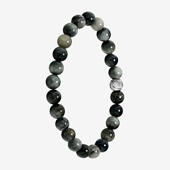 Mens Gray Agate Sterling Silver Beaded Bracelet