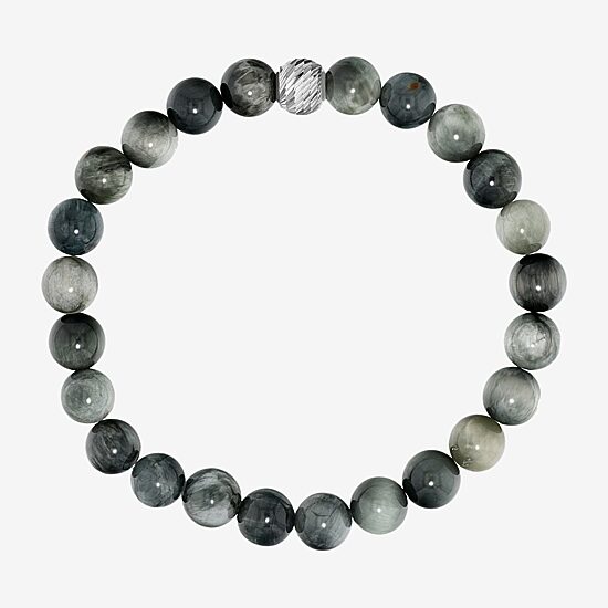 Mens Gray Agate Sterling Silver Beaded Bracelet