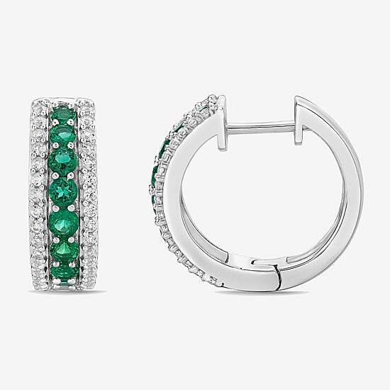 Womens Lab Created Green Emerald Sterling Silver 19.5mm Hoop Earrings