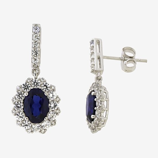 Womens Lab Created Blue Sapphire Sterling Silver Oval Drop Earrings