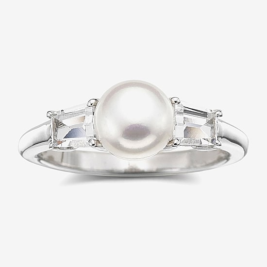 Cultured Freshwater Pearl & Lab-Created White Sapphire 3-Stone Ring in Sterling Silver 