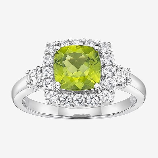 Womens Genuine Green Peridot Sterling Silver Cushion Halo Cocktail Ring