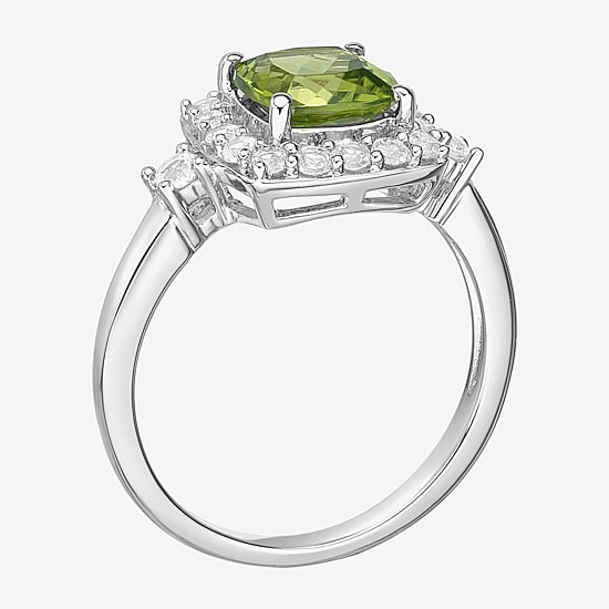 Womens Genuine Green Peridot Sterling Silver Cushion Halo Cocktail Ring