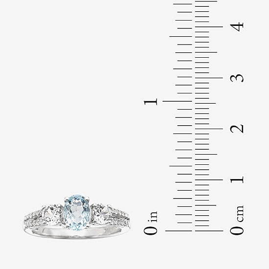 Womens Simulated Blue Aquamarine Sterling Silver Oval 3-Stone Cocktail Ring