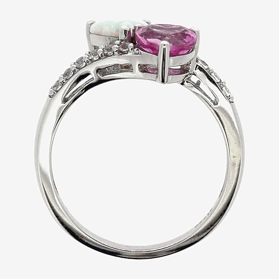 Womens Lab Created White Opal Sterling Silver Heart Cocktail Ring