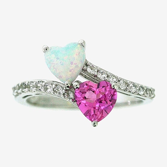 Womens Lab Created White Opal Sterling Silver Heart Cocktail Ring