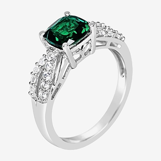 Womens Lab Created Green Emerald Sterling Silver Cocktail Ring