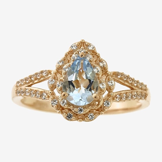 Womens Genuine Blue Aquamarine 14K Rose Gold Over Silver Pear Cocktail Ring