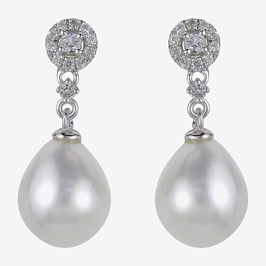 8.5-9Mm Cultured Freshwater Pearl And Genuine White Topaz Sterling Silver Earrings