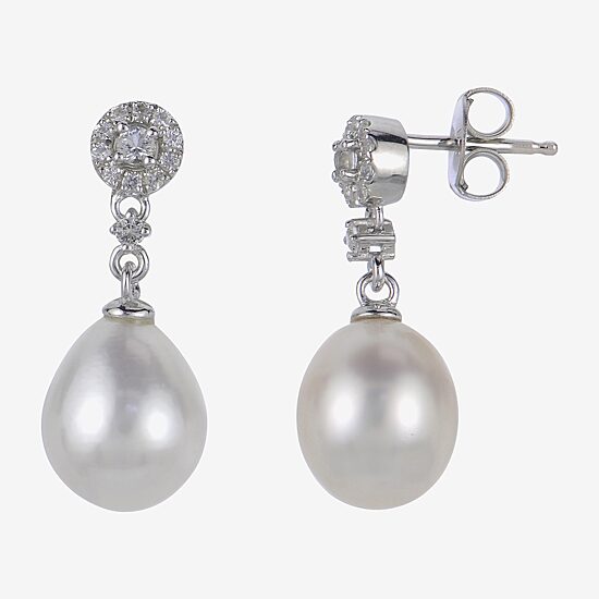8.5-9Mm Cultured Freshwater Pearl And Genuine White Topaz Sterling Silver Earrings