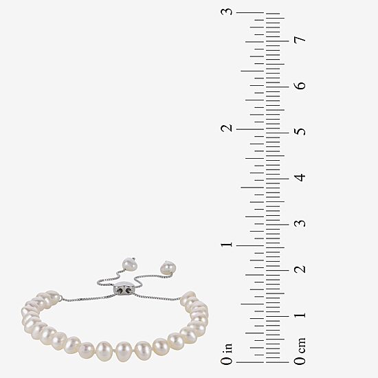 Womens White Cultured Freshwater Pearl Sterling Silver Bolo Bracelet