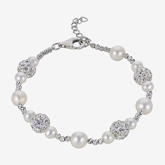 Womens White Cultured Freshwater Pearl Sterling Silver Beaded Bracelet