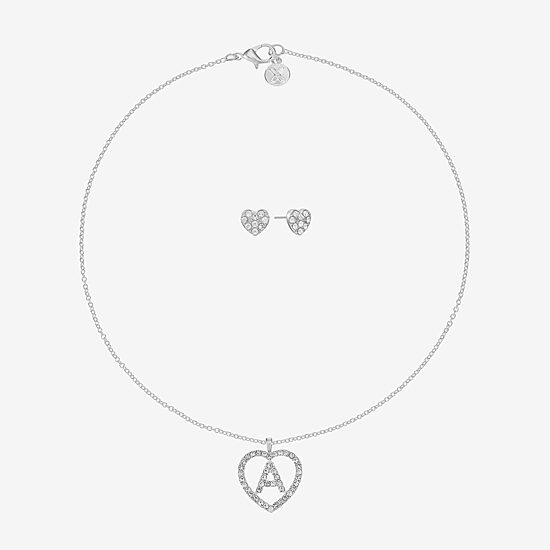 Mixit Silver Tone Initial Pendant Necklace & Stud Earring Womens White Heart 2-pc. Jewelry Set