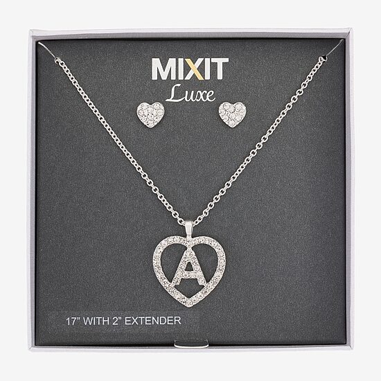 Mixit Silver Tone Initial Pendant Necklace & Stud Earring Womens White Heart 2-pc. Jewelry Set