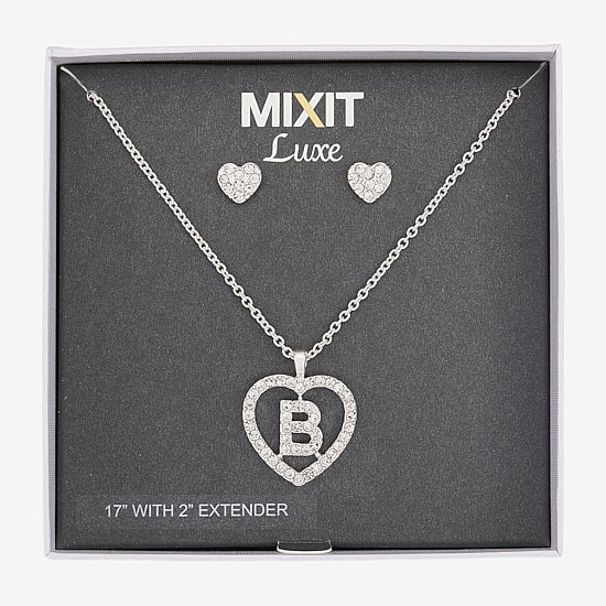 Mixit Silver Tone Initial Pendant Necklace & Stud Earring Womens White Heart 2-pc. Jewelry Set