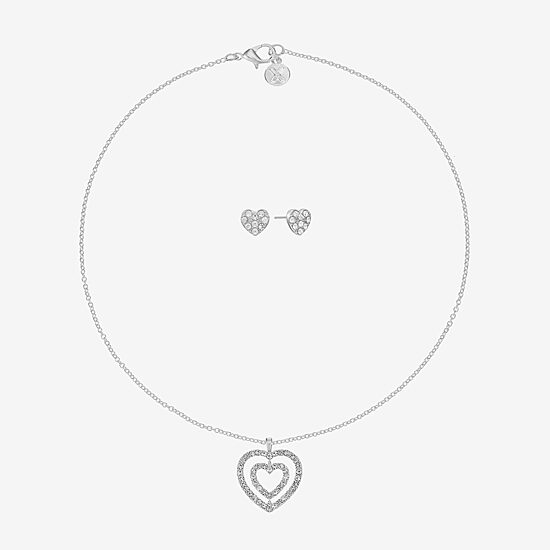 Mixit Silver Tone Pendant Necklace & Stud Earrings Womens White Heart 2-pc. Jewelry Set