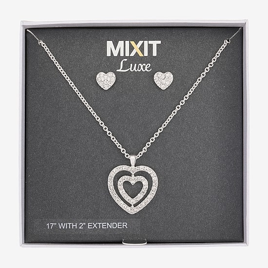 Mixit Silver Tone Pendant Necklace & Stud Earrings Womens White Heart 2-pc. Jewelry Set