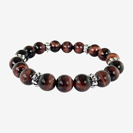 Mens Red Tiger's Eye Sterling Silver Beaded Bracelet