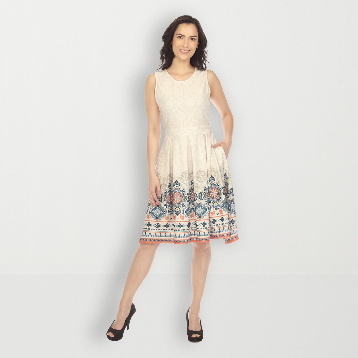 White Mark Womens Crew Neck Sleeveless Paisley Fit + Flare Dress
