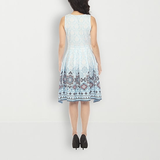 White Mark Womens Crew Neck Sleeveless Paisley Fit + Flare Dress