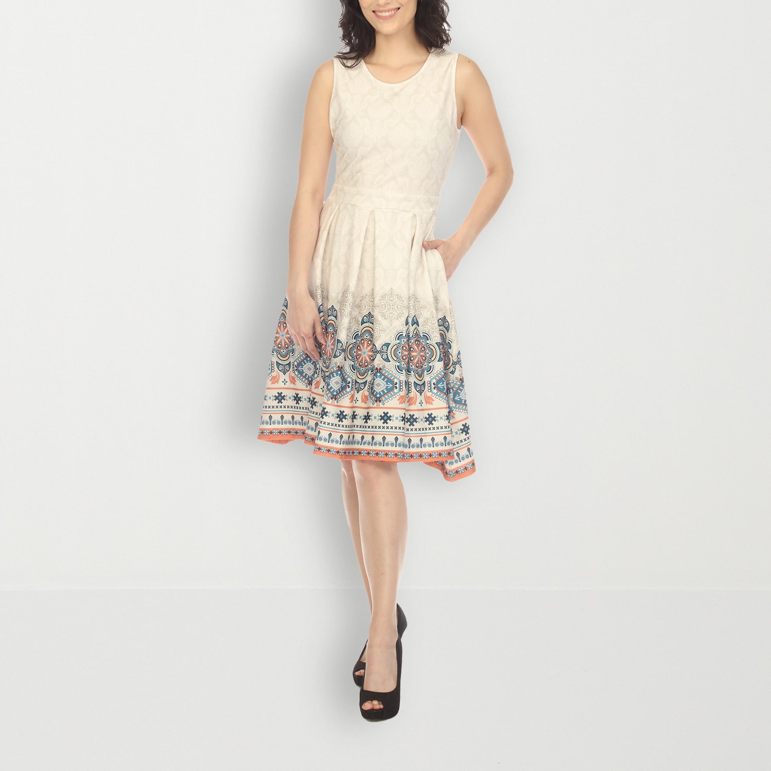 White Mark Womens Crew Neck Sleeveless Paisley Fit + Flare Dress