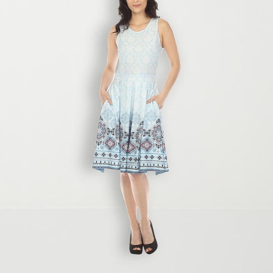 White Mark Womens Crew Neck Sleeveless Paisley Fit + Flare Dress
